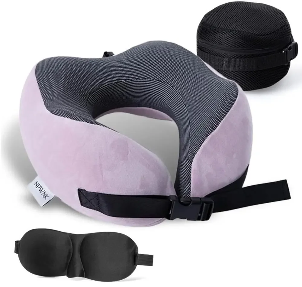 NPWNK Memory Foam Travel Neck Pillow w/ Eye Mask & Case – Grey/Blue